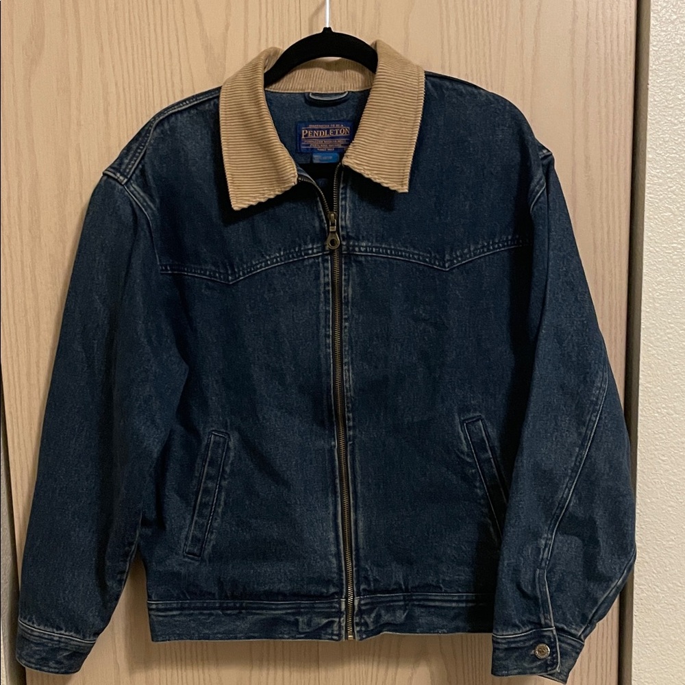 Pendleton Women's Medium Jean Jacket Tan Corduroy Collar Bison Wool Print 90’s